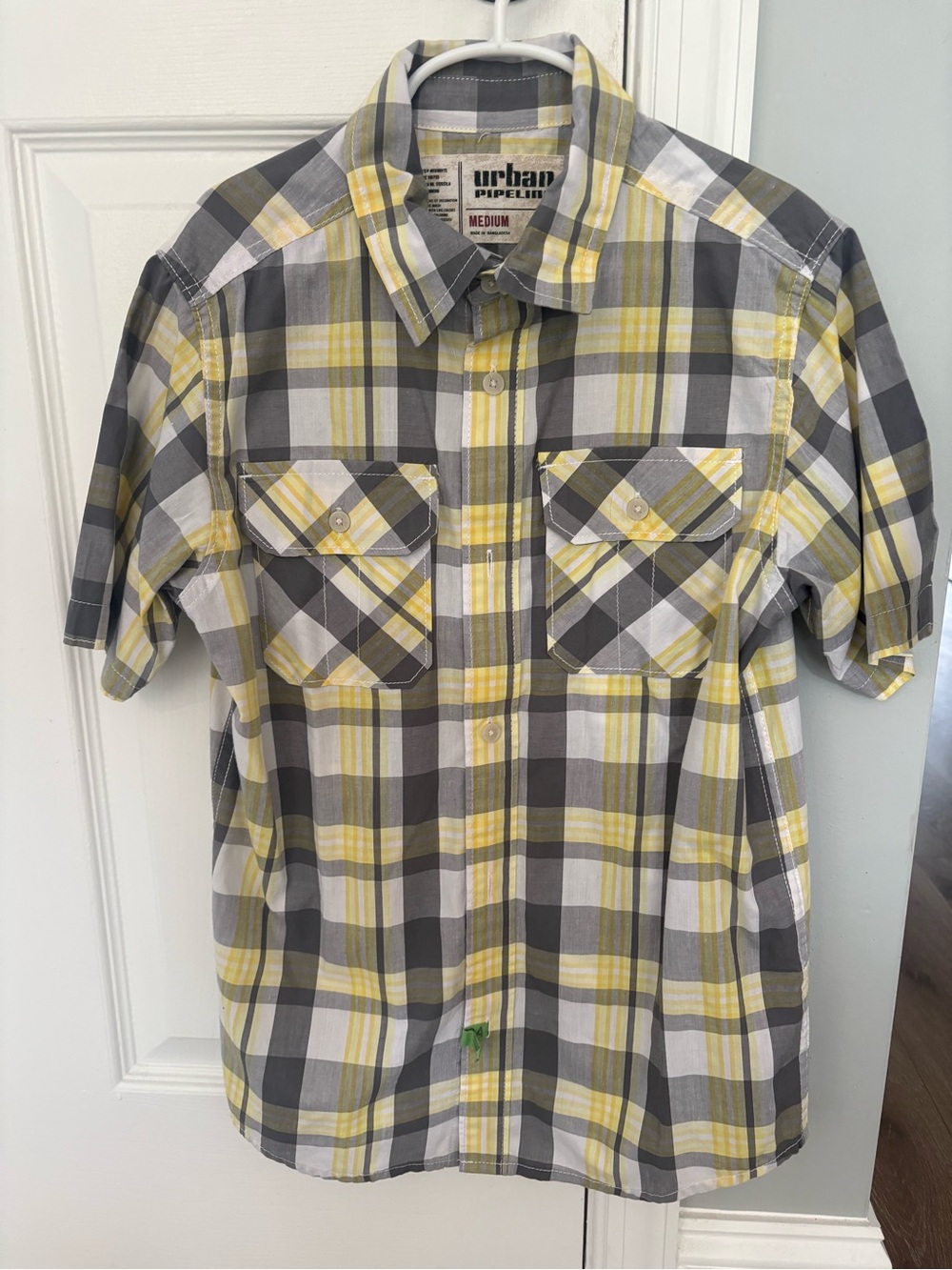 Urban Pipeline Boys Yellow and Gray Plaid Short-Sleeve Shirt - Size Medium